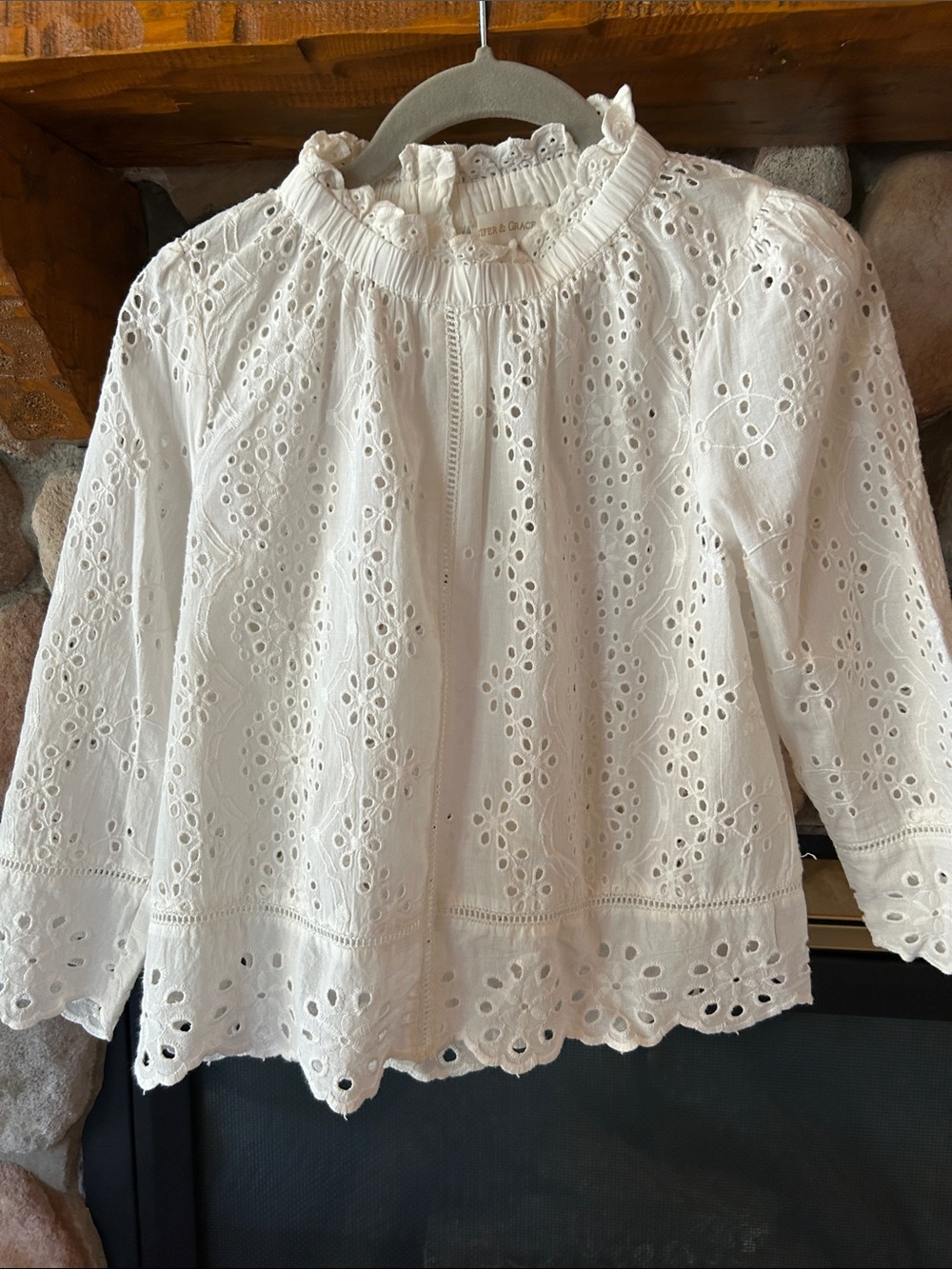 Jennifer & Grace White Eyelet Ruffled Neck Full Back Button Blouse, Size XS